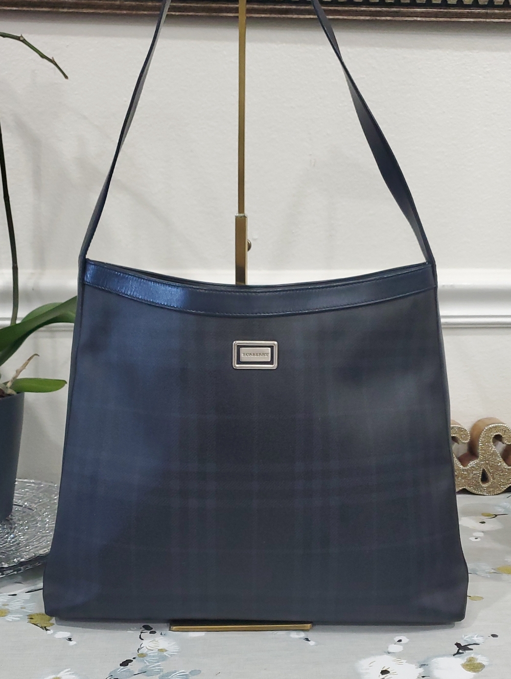 🇮🇹VINTAGE Burberry London Shadow Check Navy Blue Shoulder Tote Bag💙